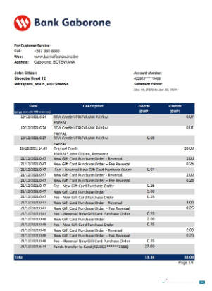 Download Botswana Bank Gaborone bank statement excel Photoshop template
